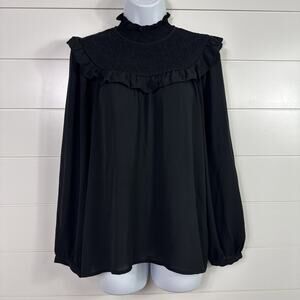 LOFT Smocked Long Sleeve Minimalist Blouse Shirt Black sz S